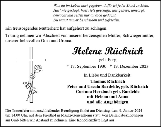 Traueranzeige von Helene Rückrich von Allgemeine Zeitung Mainz