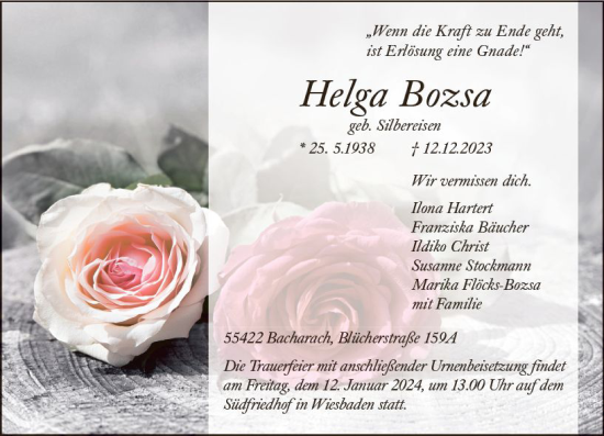 Traueranzeige von Helga Bozsa von Wiesbadener Kurier