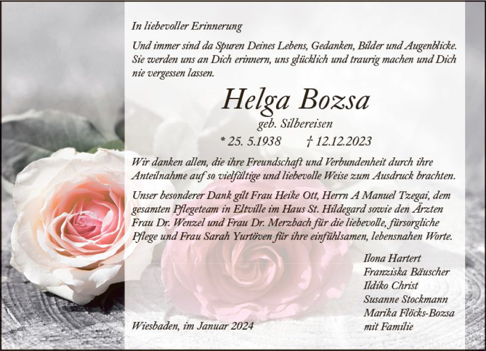  Traueranzeige für Helga Bozsa vom 27.01.2024 aus Wiesbadener Kurier