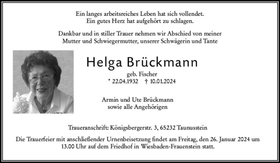 Traueranzeige von Helga Brückmann von Wiesbadener Kurier