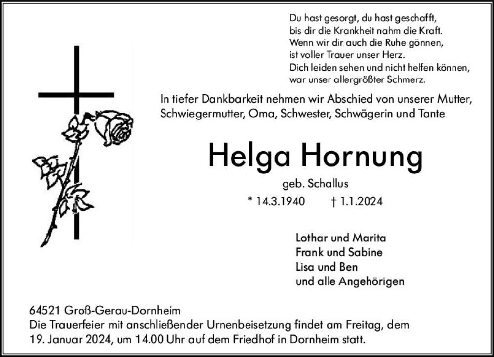  Traueranzeige für Helga Hornung vom 13.01.2024 aus Groß-Gerauer Echo