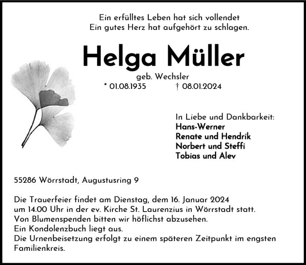  Traueranzeige für Helga Müller vom 13.01.2024 aus Allgemeine Zeitung Alzey