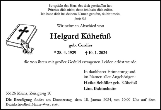 Traueranzeige von Helgard Kühefuß von Allgemeine Zeitung Mainz