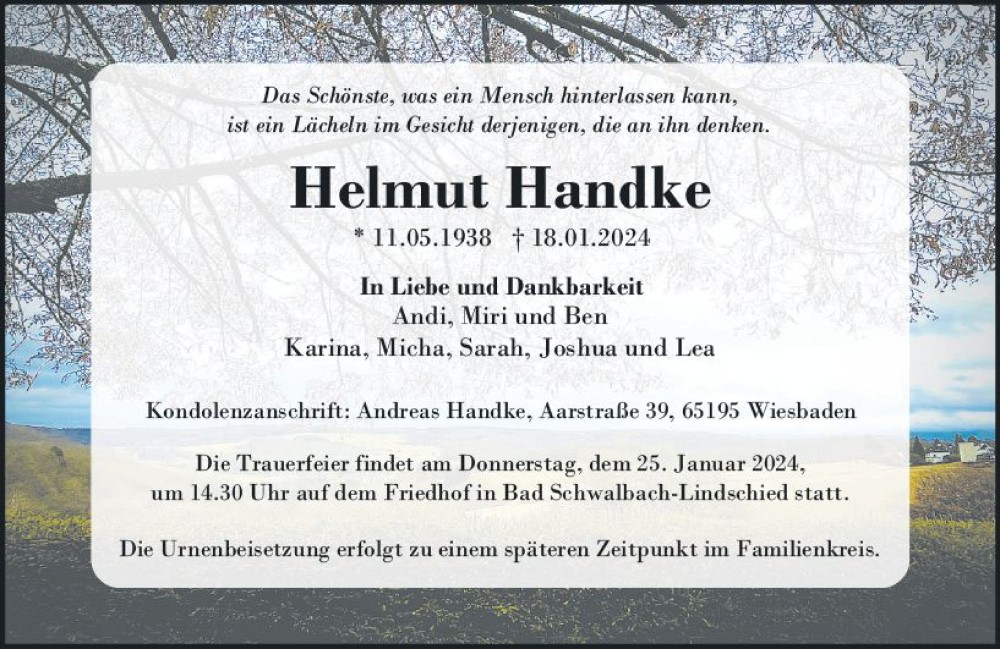  Traueranzeige für Helmut Handke vom 22.01.2024 aus Wiesbadener Kurier
