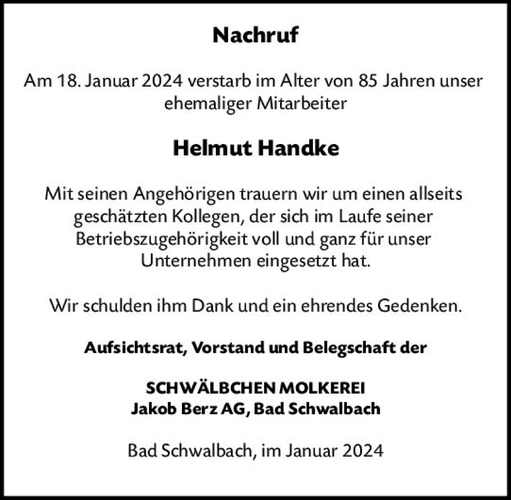 Traueranzeige für Helmut Handke vom 24.01.2024 aus Idsteiner Land/Untertaunus