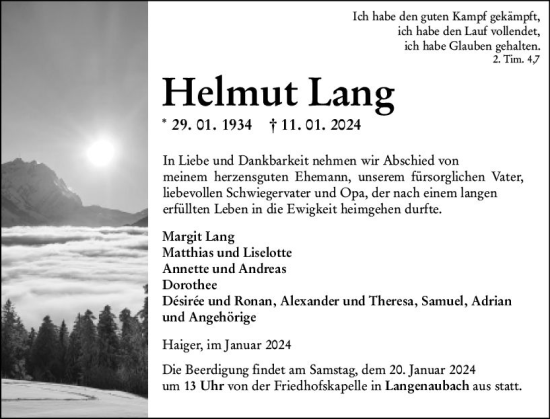 Traueranzeige von Helmut Lang von Dill Block