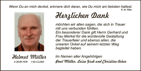 Traueranzeige von Helmut Müller von Allgemeine Zeitung Mainz