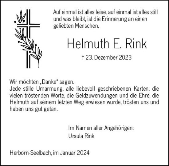 Traueranzeige von Helmuth E. Rink von Dill Block
