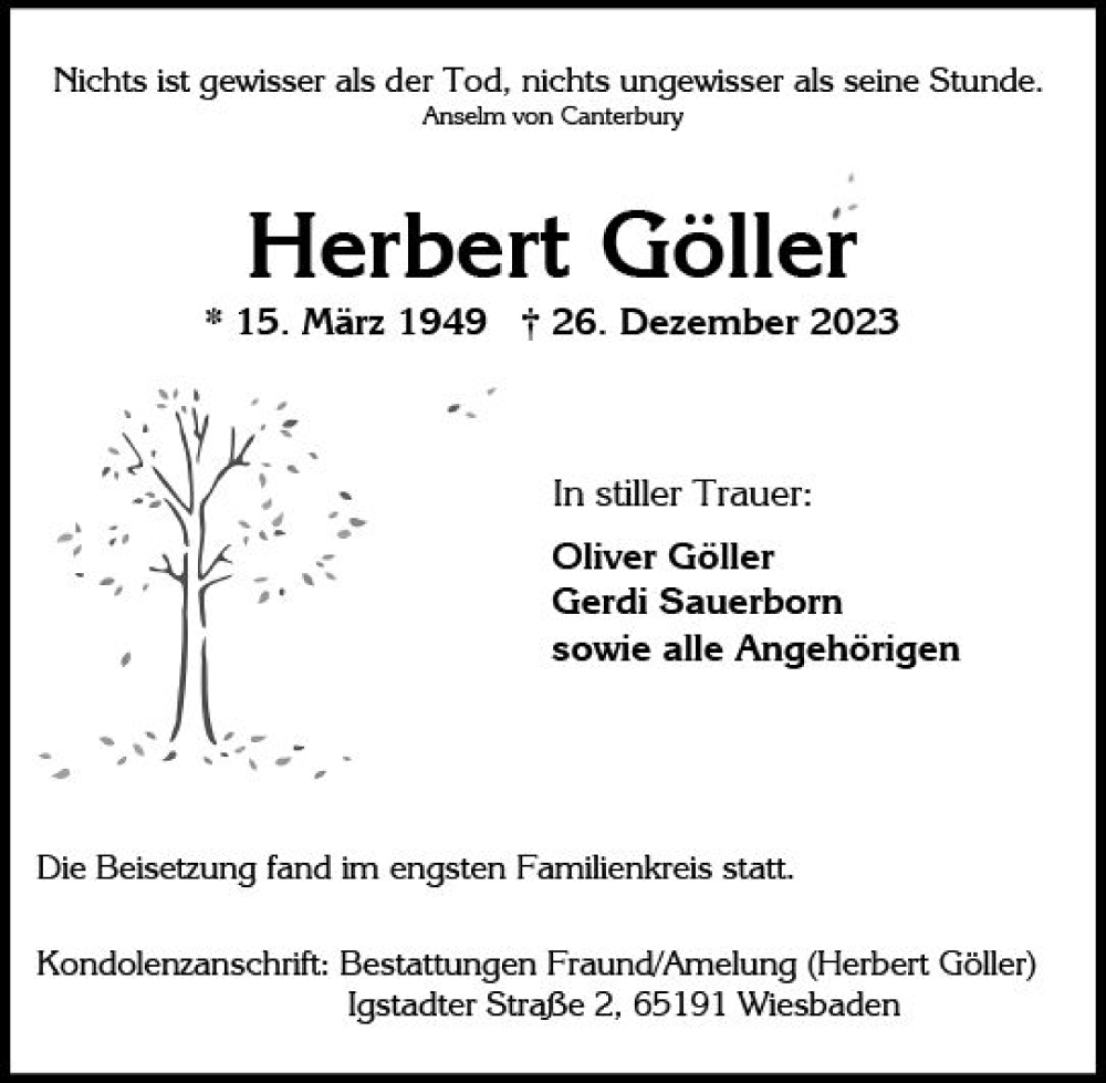  Traueranzeige für Herbert Güller vom 20.01.2024 aus Wiesbadener Kurier