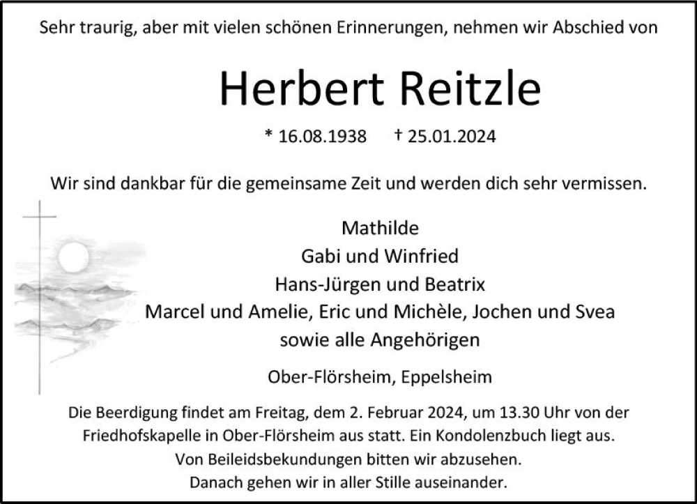  Traueranzeige für Herbert Reitzle vom 30.01.2024 aus Allgemeine Zeitung Alzey