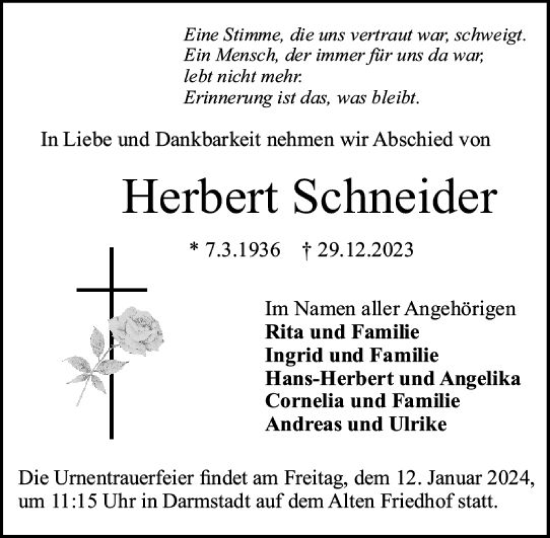 Traueranzeige von Herbert Schneider von Darmstädter Echo
