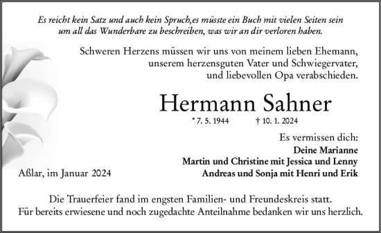 Traueranzeige von Hermann Sahner von Wetzlarer Neue Zeitung