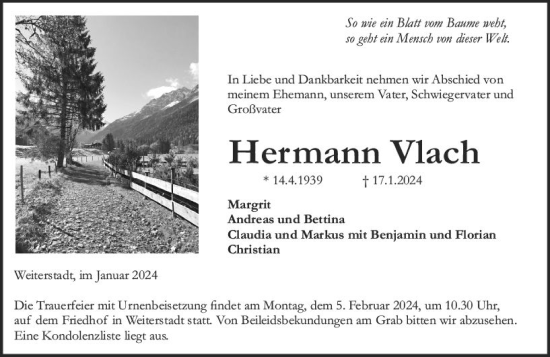 Traueranzeige von Hermann Vlach von Darmstädter Echo