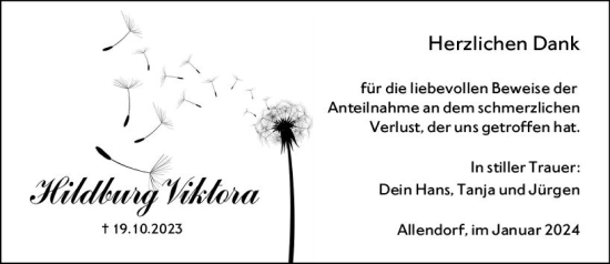 Traueranzeige von Hildburg Viktora von Dill Block