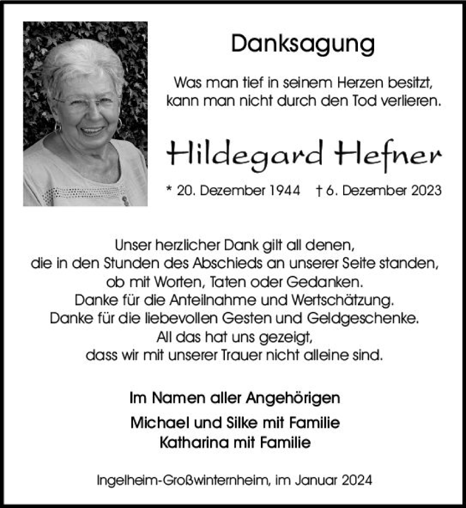  Traueranzeige für Hildegard Hefner vom 27.01.2024 aus Allgemeine Zeitung Bingen/Ingelheim