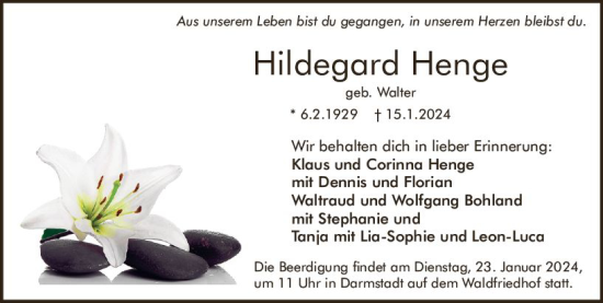 Traueranzeige von Hildegard Henge von Darmstädter Echo