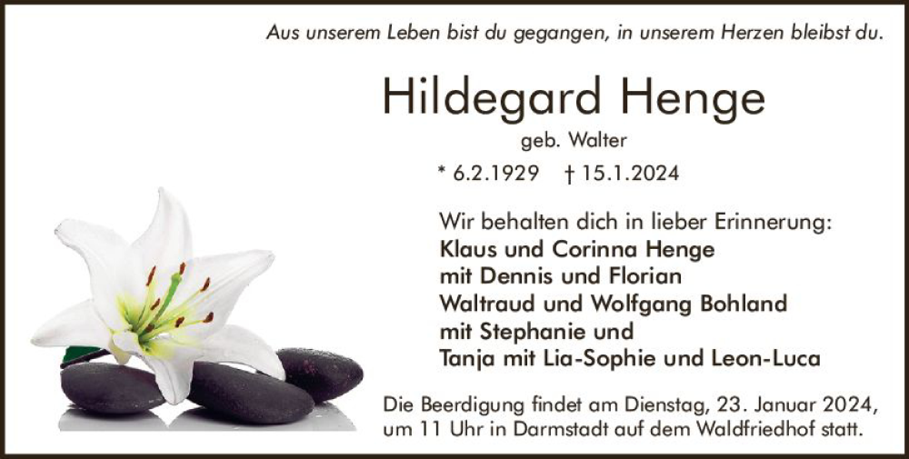  Traueranzeige für Hildegard Henge vom 20.01.2024 aus Darmstädter Echo