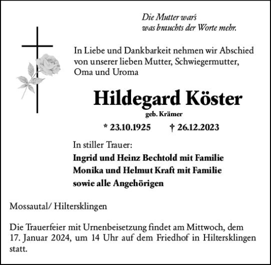 Traueranzeige von Hildegard Köster von Odenwälder Echo