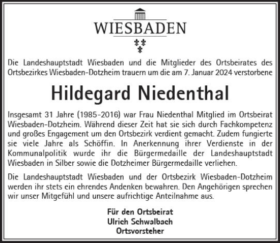 Traueranzeige von Hildegard Niedenthal von Wiesbadener Kurier