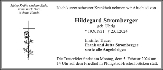 Traueranzeige von Hildegard Stromberger von Odenwälder Echo