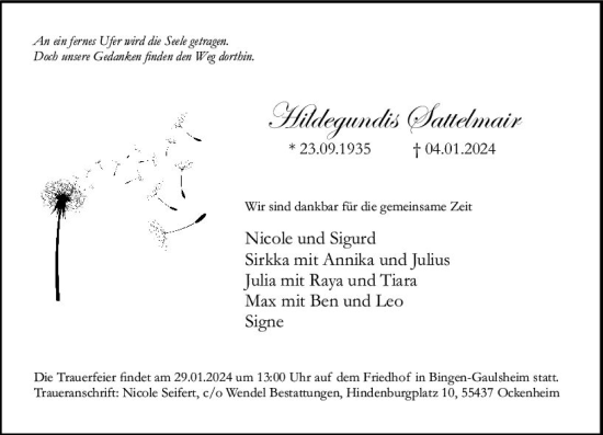 Traueranzeige von Hildegundis Sattelmair von Allgemeine Zeitung Bingen/Ingelheim