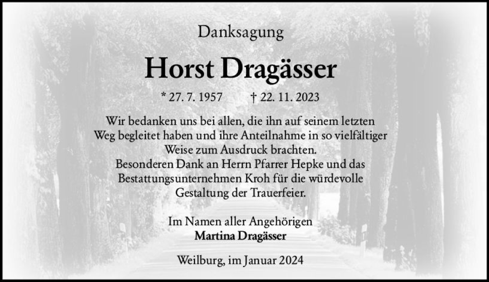  Traueranzeige für Horst Dragässer vom 06.01.2024 aus Weilburger Tageblatt