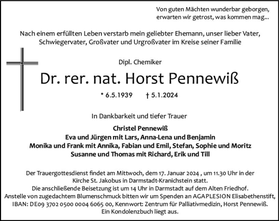 Traueranzeige von Horst Pennewiß von Darmstädter Echo