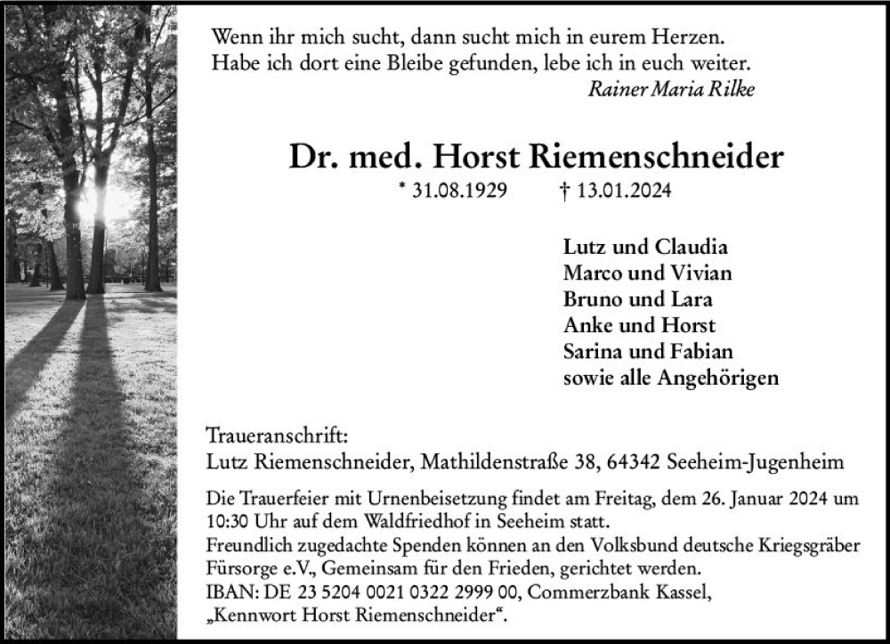  Traueranzeige für Horst Riemenschneider vom 20.01.2024 aus Darmstädter Echo