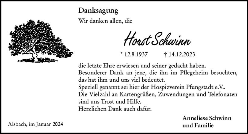  Traueranzeige für Horst Schwinn vom 13.01.2024 aus Darmstädter Echo
