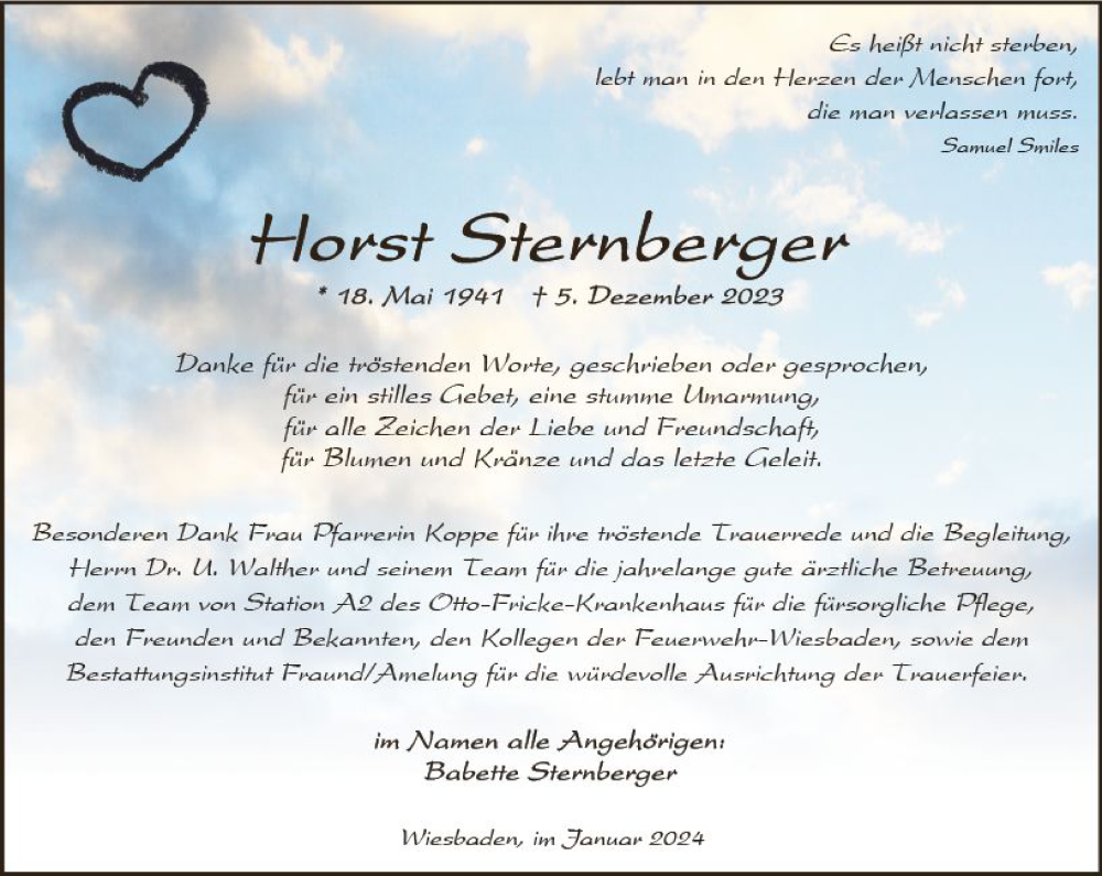  Traueranzeige für Horst Sternberger vom 13.01.2024 aus Wiesbadener Kurier