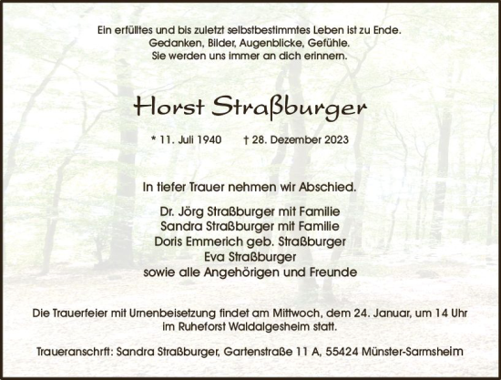 Traueranzeige von Horst Straßburger von Allgemeine Zeitung Bingen/Ingelheim