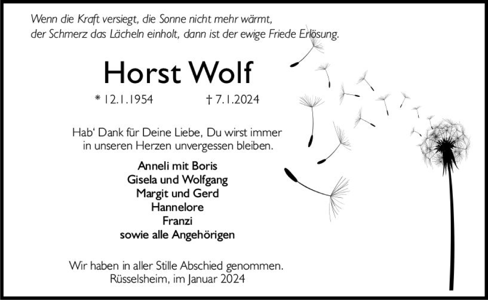  Traueranzeige für Horst Wolf vom 27.01.2024 aus Rüsselsheimer Echo