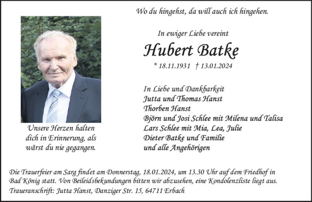  Traueranzeige für Hubert Batke vom 17.01.2024 aus Odenwälder Echo