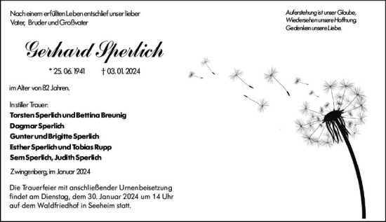 Traueranzeige von IGerhard Sperlich von Darmstädter Echo