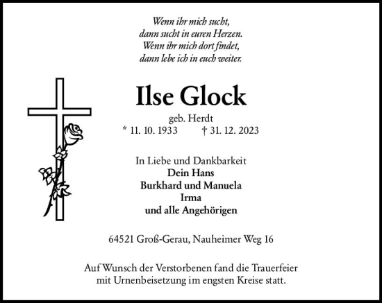 Traueranzeige von Ilse Glock von Groß-Gerauer Echo