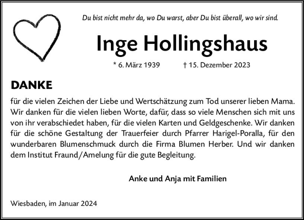 Traueranzeige für Inge Hollingshaus vom 20.01.2024 aus Nassauische Neue Presse