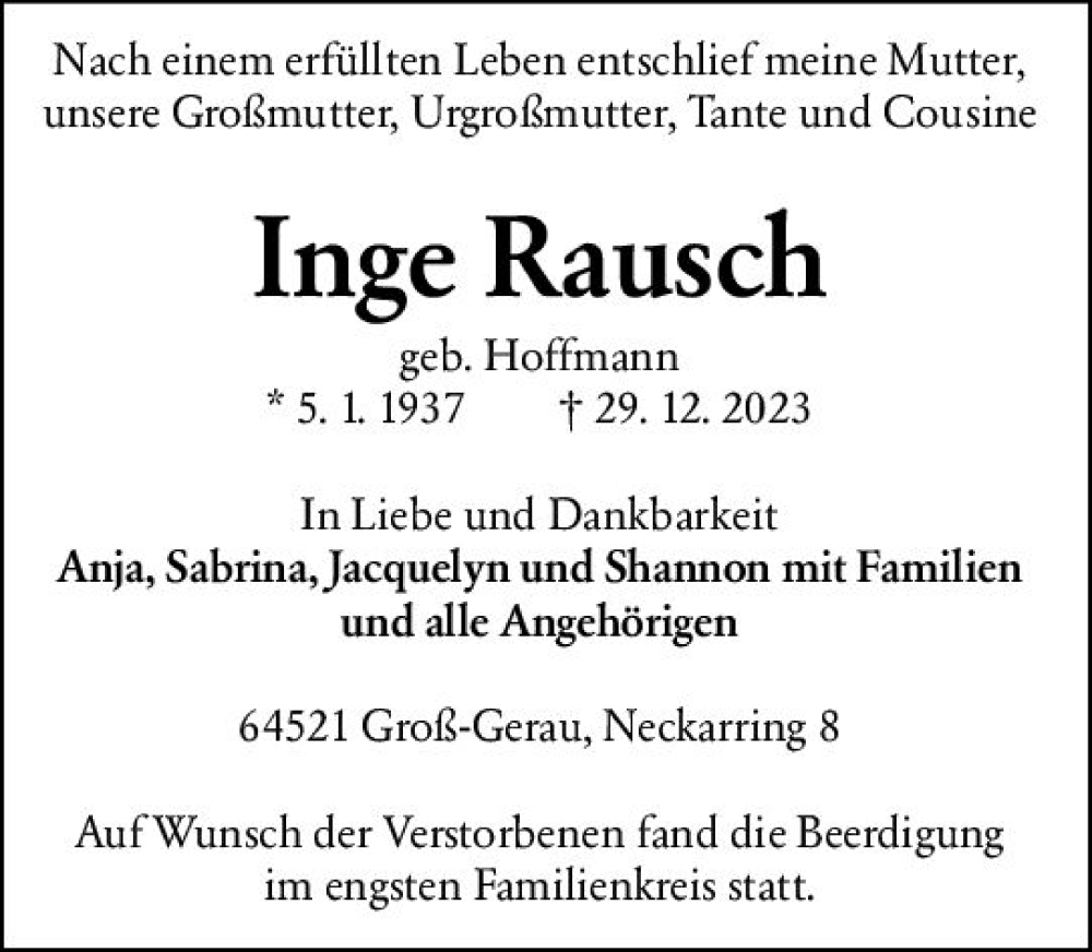  Traueranzeige für Inge Rausch vom 06.01.2024 aus Groß-Gerauer Echo