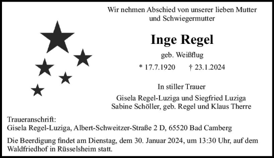 Traueranzeige von Inge Regel von Rüsselsheimer Echo