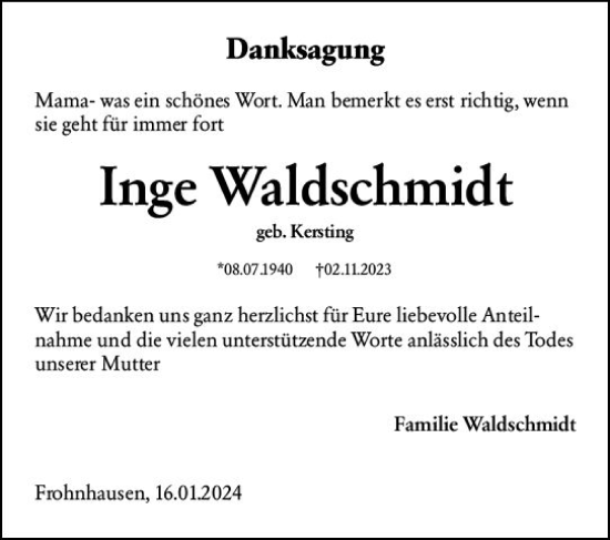 Traueranzeige von Inge Waldschmidt von Dill Block