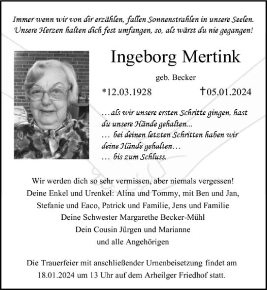 Traueranzeige von Ingeborg Mertink von Darmstädter Echo