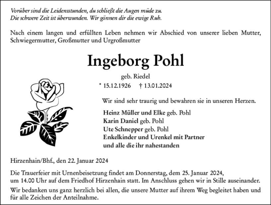 Traueranzeige von Ingeborg Pohl von Dill Block