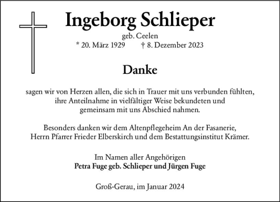 Traueranzeige von Ingeborg Schlieper von Groß-Gerauer Echo