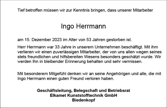Traueranzeige von Ingo Herrmann von Hinterländer Anzeiger