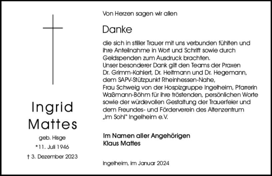 Traueranzeige von Ingrid Mattes von Allgemeine Zeitung Bingen/Ingelheim