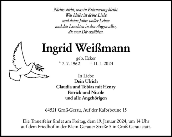 Traueranzeige von Ingrid Weißmann von Groß-Gerauer Echo