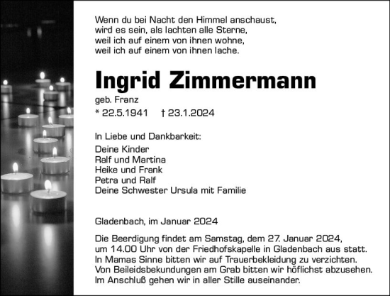 Traueranzeige von Ingrid Zimmermann von Hinterländer Anzeiger