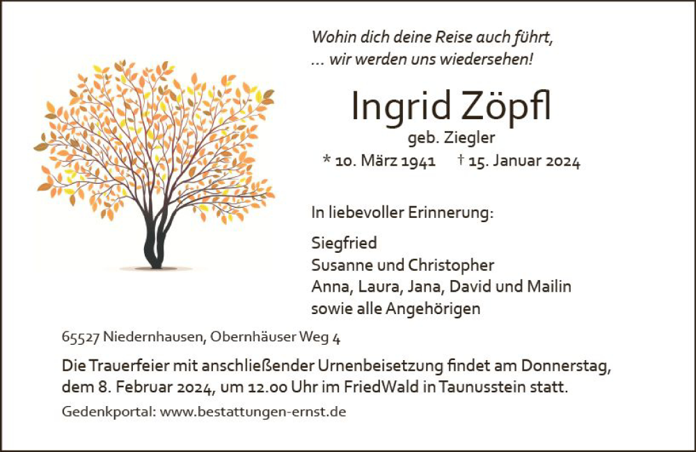  Traueranzeige für Ingrid Zöpfl vom 20.01.2024 aus Wiesbadener Kurier