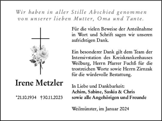 Traueranzeige von Irene Metzler von Weilburger Tageblatt
