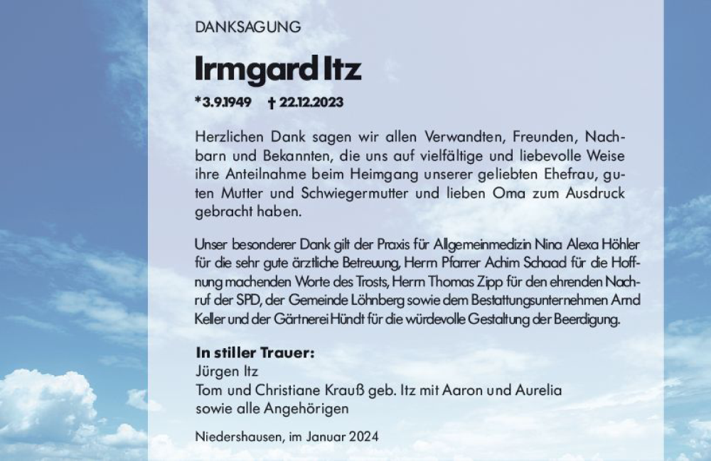  Traueranzeige für Irmgard Itz vom 27.01.2024 aus Weilburger Tageblatt