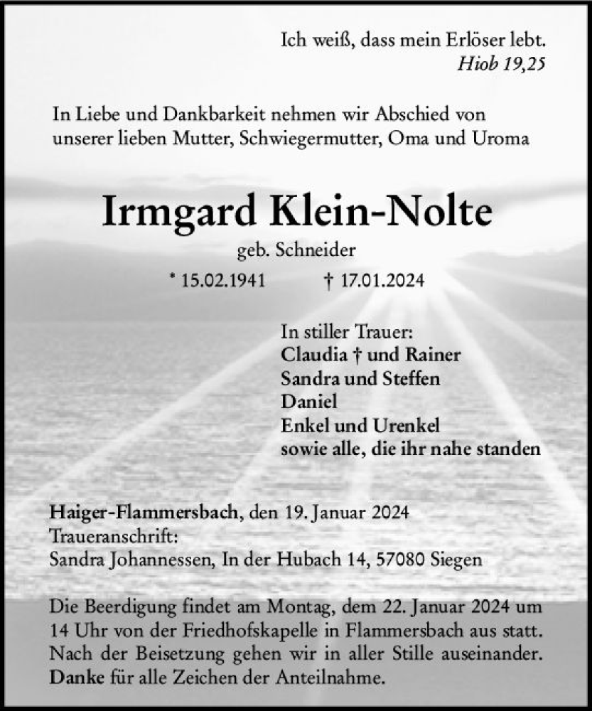  Traueranzeige für Irmgard Klein-Nolte vom 19.01.2024 aus Dill Block